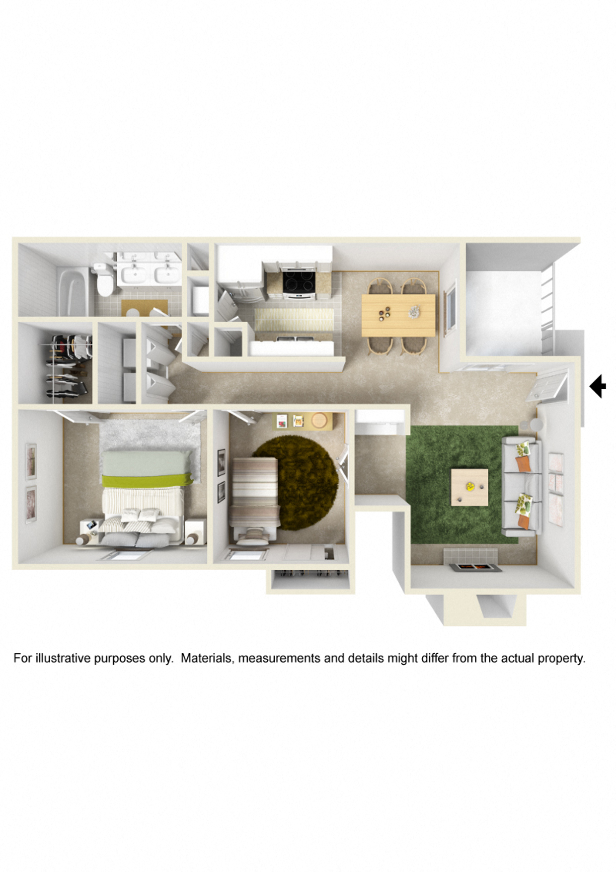 Floor plan for 2 beds, 1 bath, 932 sqft